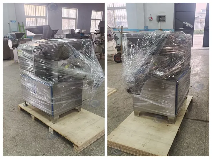 Chicken bone and meat separator wrapped in plastic film